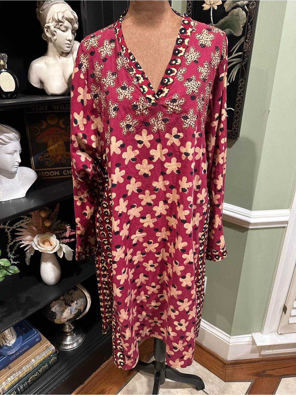 Marketplace Handwork of India Red Floral Embroidered Boho Tunic Top – Size 2XL
